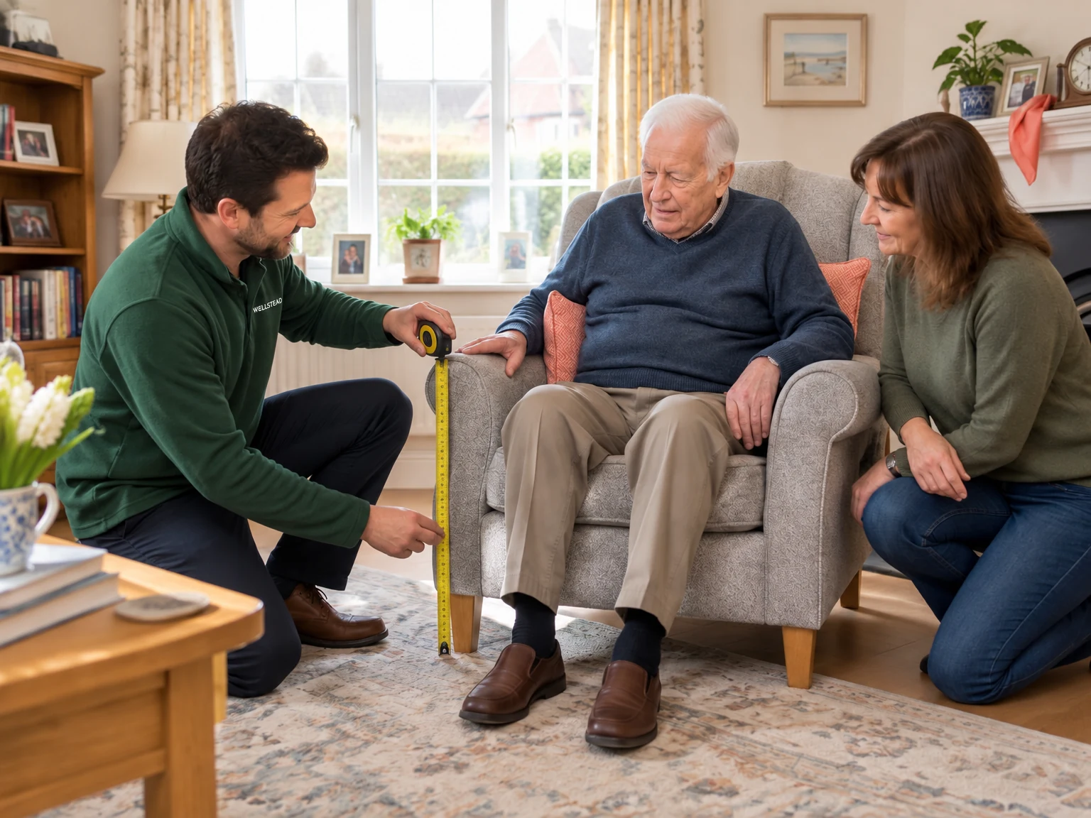 A Wellstead consultant measures a customer's chair with a family member alongside