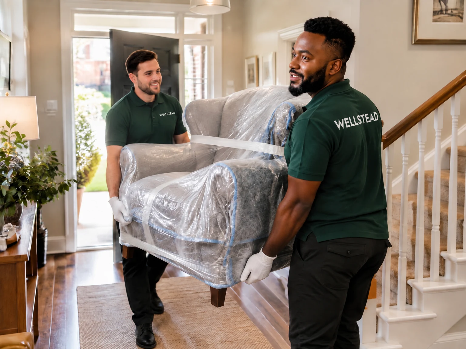 Two Wellstead delivery team members bringing a wrapped chair into a home