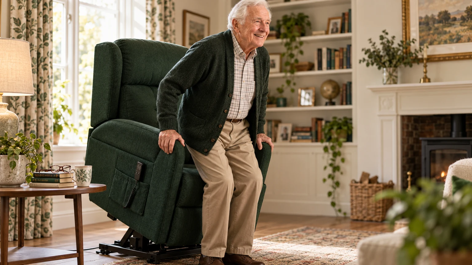 A man rising gently from a green rise and recline chair in his living room