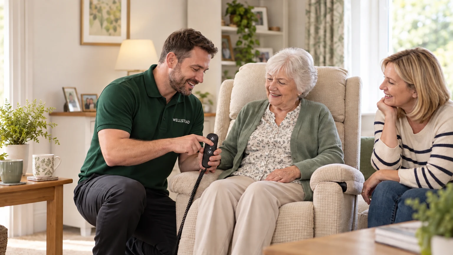 A Wellstead consultant shows a woman and her daughter the reclining chair controls at home